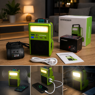 Портативний інвертор Grosser 300Вт 220В зарядна станція 3в1 Bluetooth-колонка LED-ліхтар 1000 лм АКБ 20В 6Ah 0672612-923 фото
