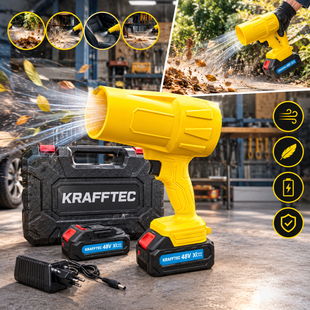 Акумуляторна повітродувка Kraftec 48v 6ah жовта турбодуйка 850 Вт з двома акумуляторами турбофен в кейсі 714792340 фото